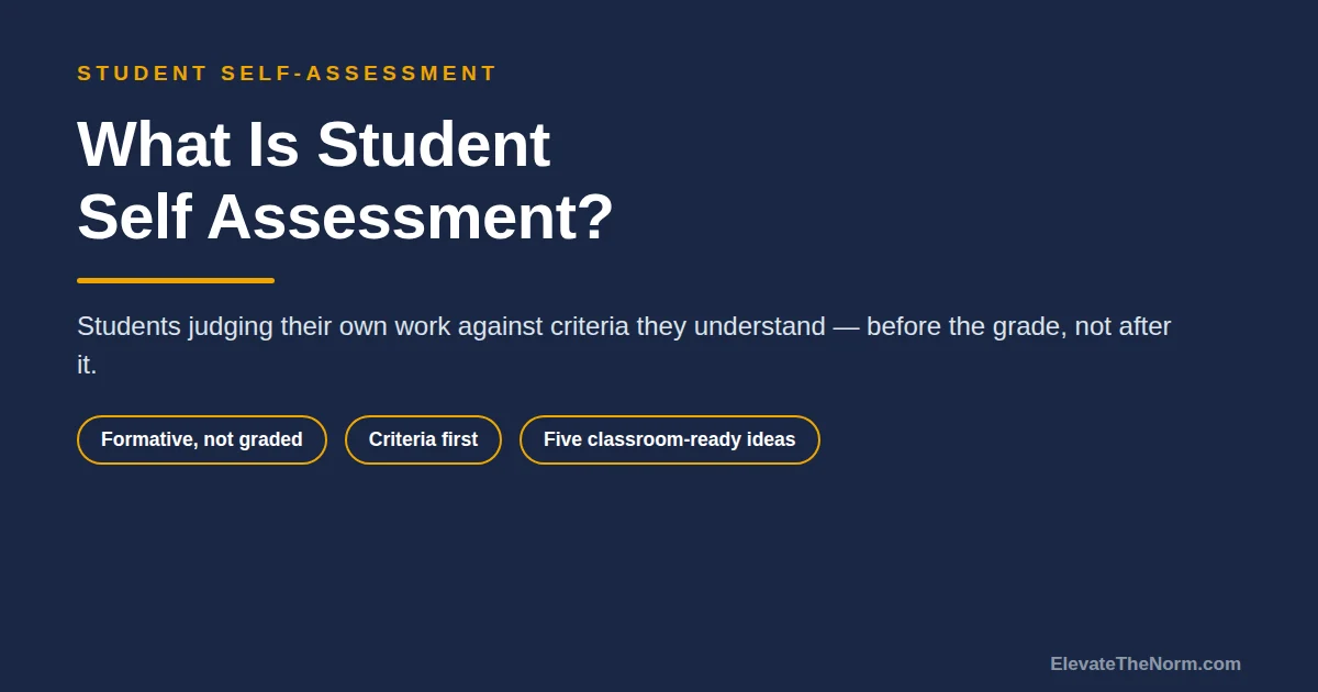 Title graphic for the ElevateTheNorm guide explaining what student self assessment is, with the phrases formative not graded, criteria first, and five classroom-ready ideas