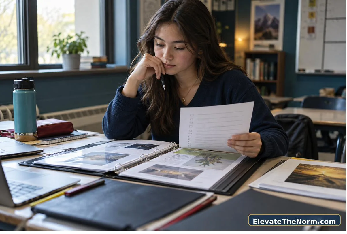 High school student reviewing portfolio evidence before a student-led conference