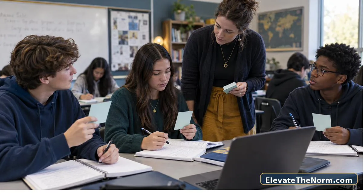 Secondary teacher checking student understanding during active classroom work