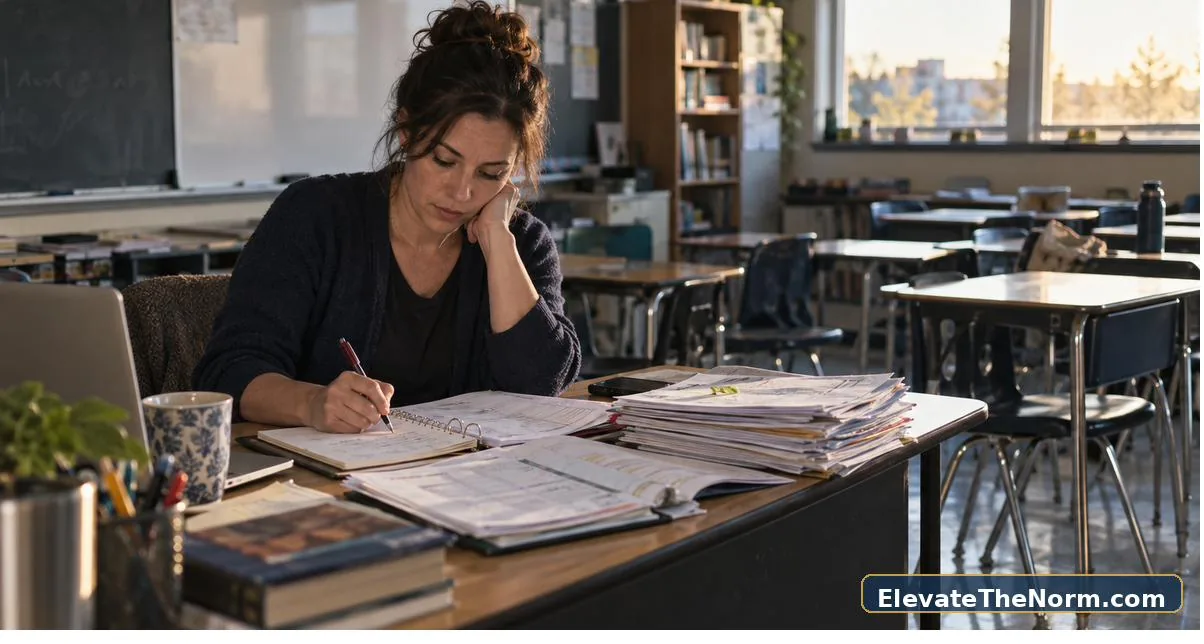 Secondary teacher reflecting on student work after class