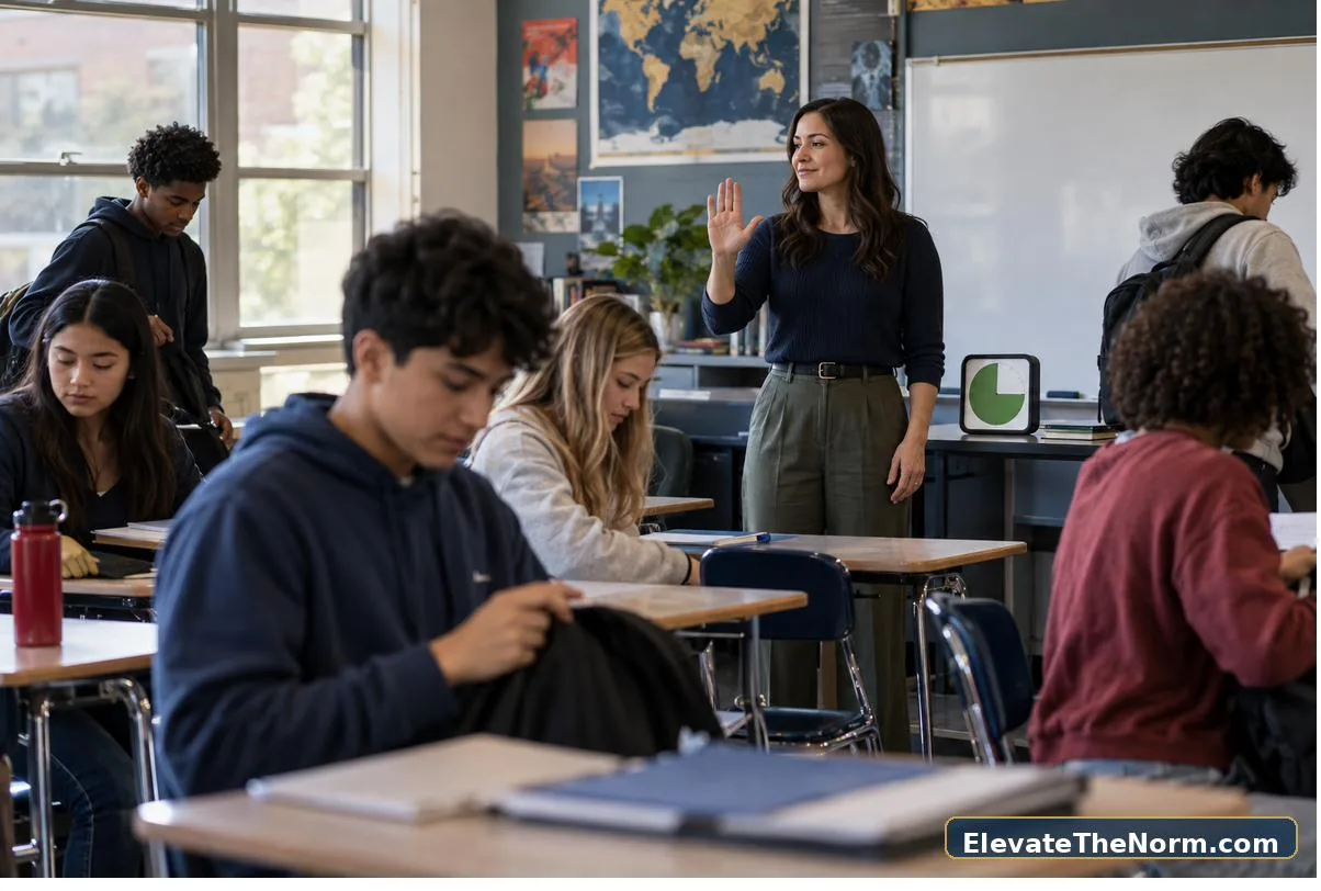 Teacher using a simple visual cue to guide a secondary classroom transition