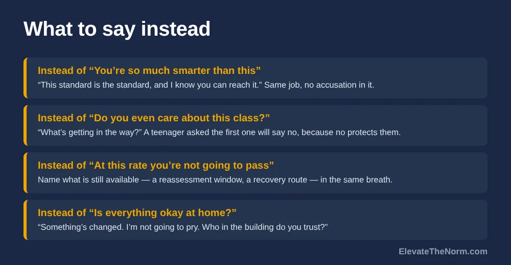 Four rows pairing a sentence to avoid with a replacement, covering you are smarter than this, do you even care, at this rate you will not pass, and is everything okay at home.