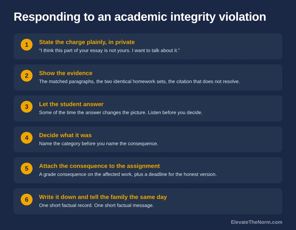 Six steps for responding to an academic integrity violation in middle or high school: state the charge, show the evidence, let the student answer, decide what it was, attach the consequence to the assignment, and require an honest redo