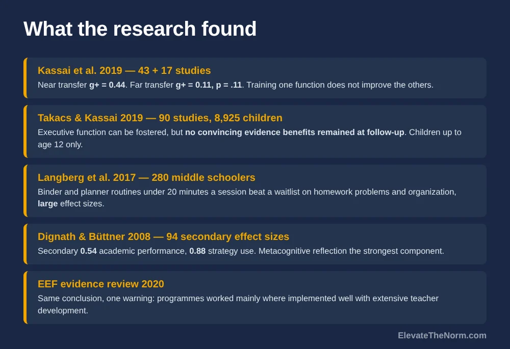 Five rows summarising the executive function research and naming each sample: the Kassai transfer meta-analysis at 0.44 near and 0.11 far, the Takacs review of 90 studies with no evidence of benefits at follow-up, the Langberg trial of 280 middle schoolers, the Dignath and Buttner secondary-level figures of 0.54 and 0.88, and the Education Endowment Foundation's implementation warning.