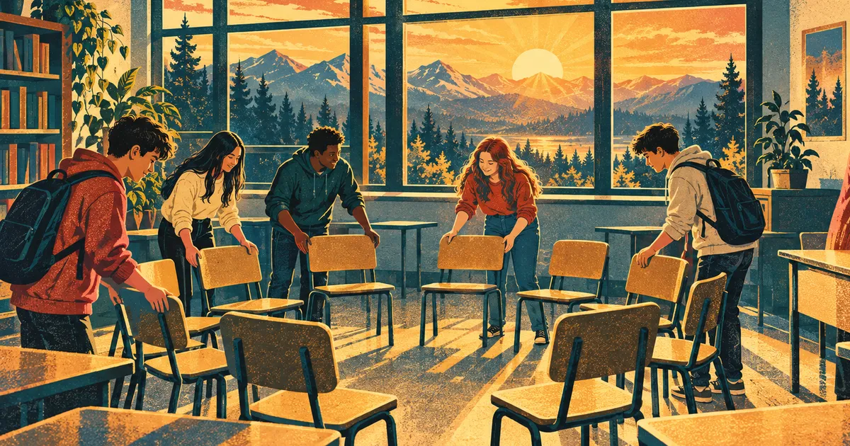 Illustration of students moving classroom chairs into a circle under sunrise light streaming through tall windows