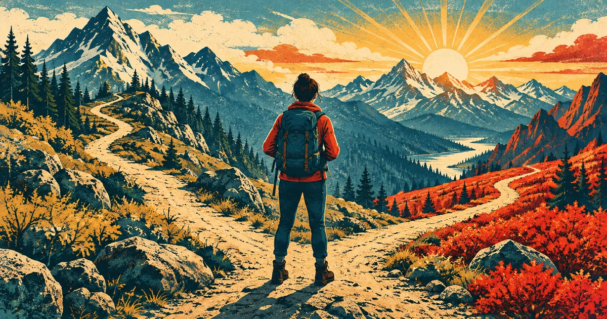 Illustration of a hiker with a backpack standing where a mountain trail splits in two, looking toward the sunrise