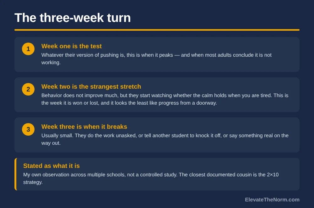 Graphic titled The three-week turn, describing week one as the peak of pushback, week two as the stretch where students watch whether the calm holds, and week three as when it breaks, with a note that this is a personal observation rather than a controlled study.