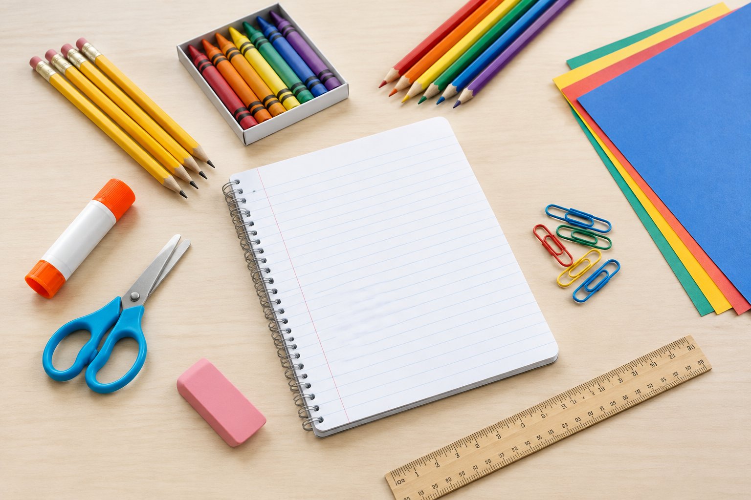 Pencils, crayons, colored pencils, a spiral notebook, glue stick, scissors, eraser, paper clips, construction paper, and a ruler arranged on a desk