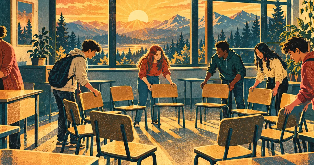 Illustration of engaged students pulling chairs into a circle for discussion in a classroom glowing with sunrise light