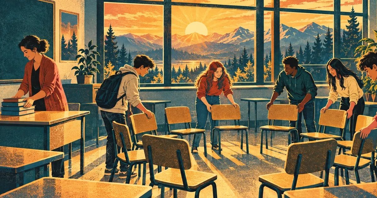 Illustration of teenagers working together to arrange classroom chairs into a circle, with a mountain sunrise outside the windows