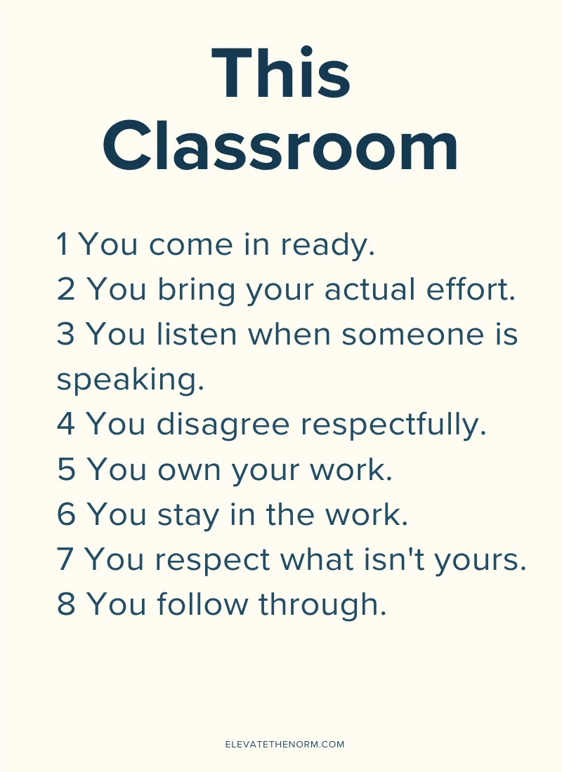 Example classroom expectations poster showing specific observable behaviors for middle and high school students
