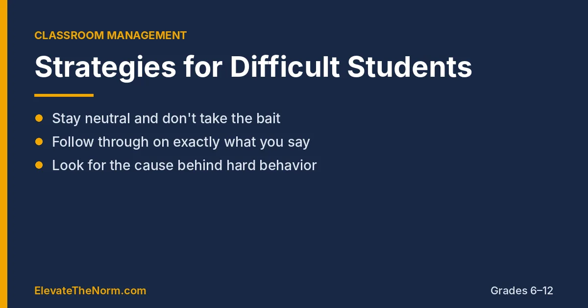 Navy and gold graphic titled Strategies for Difficult Students listing stay neutral, follow through, and look for the cause behind hard behavior