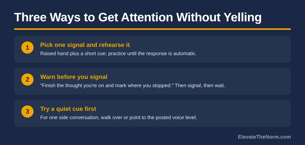 Three numbered steps: pick one signal and rehearse it, warn before you signal, try a quiet cue first