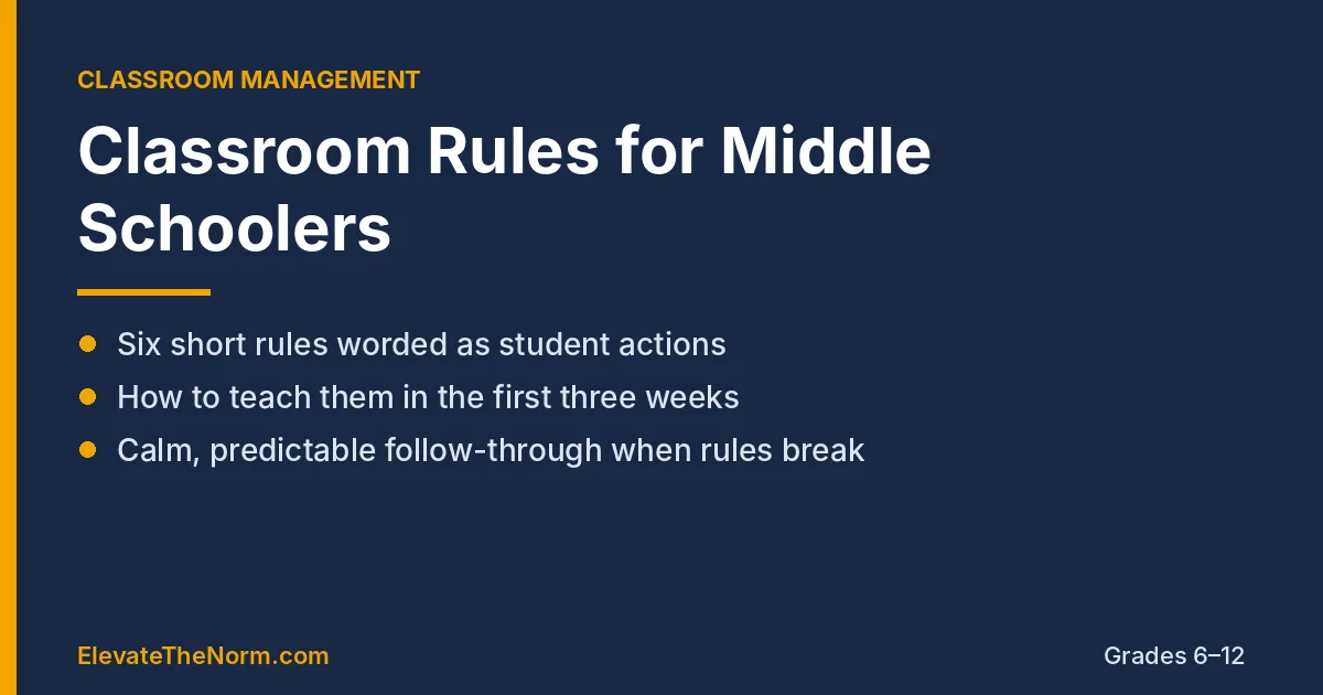 Navy and gold graphic titled Classroom Rules for Middle Schoolers listing six short rules, teaching them in the first weeks, and predictable follow-through