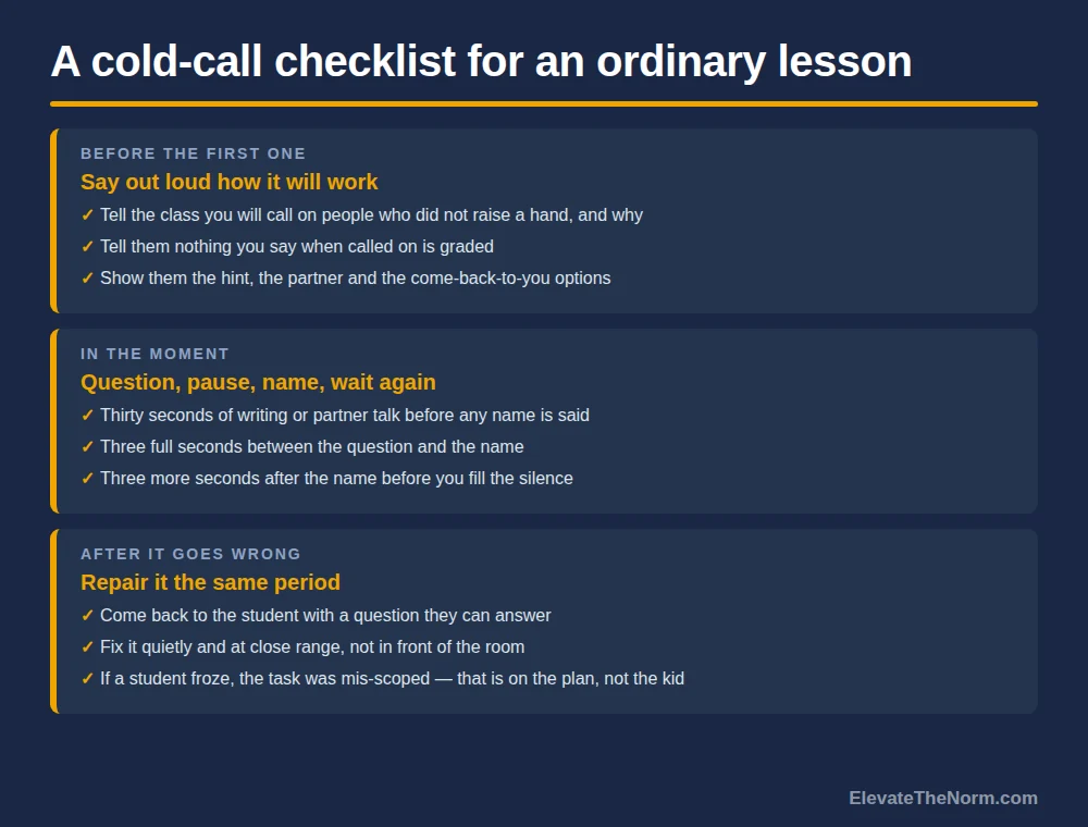 Three-phase cold calling checklist covering what to say before the first cold call, the question-pause-name-wait sequence in the moment, and how to repair it the same period when it goes wrong