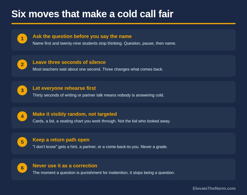 Six numbered moves for fair cold calling: ask before naming, leave three seconds of silence, let everyone rehearse first, make it visibly random, keep a return path open, and never use it as a correction