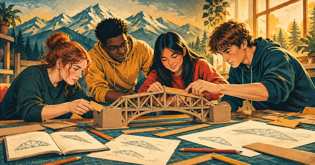 Illustration of four high school students collaborating on a model bridge project with design sketches spread across the table