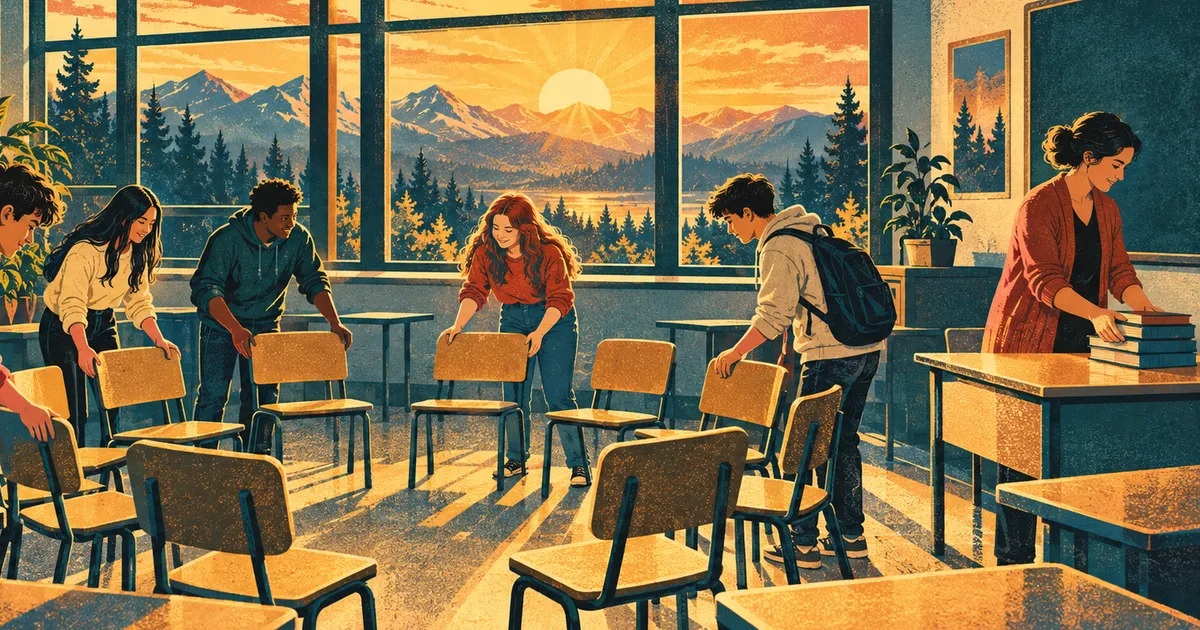 Illustration of students setting up a circle of chairs while their teacher stacks books on a desk in a sunlit classroom