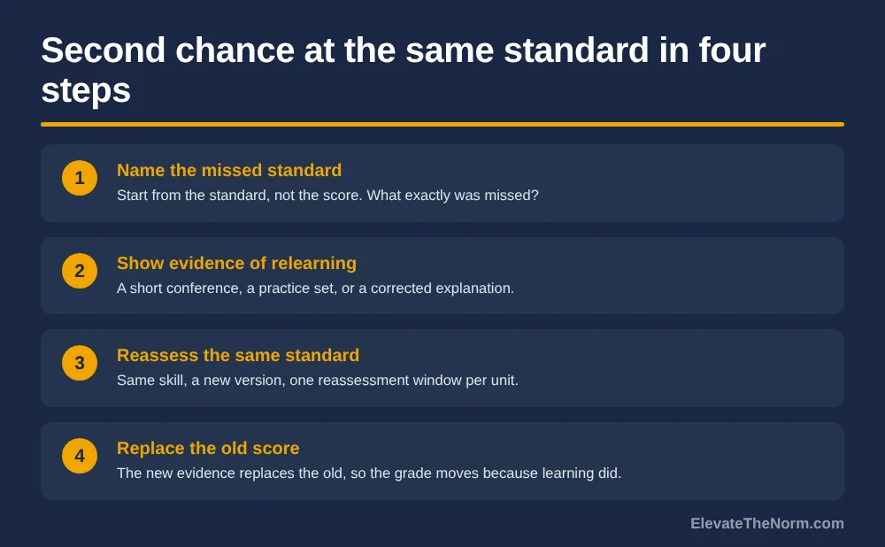 Graphic titled Second chance at the same standard in four steps, showing four numbered cards: name the missed standard, show evidence of relearning, reassess the same standard, and replace the old score.
