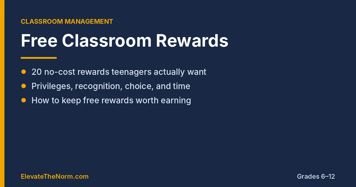 Navy and gold graphic titled Free Classroom Rewards listing no-cost privileges, recognition, choice, and time rewards for grades 6-12