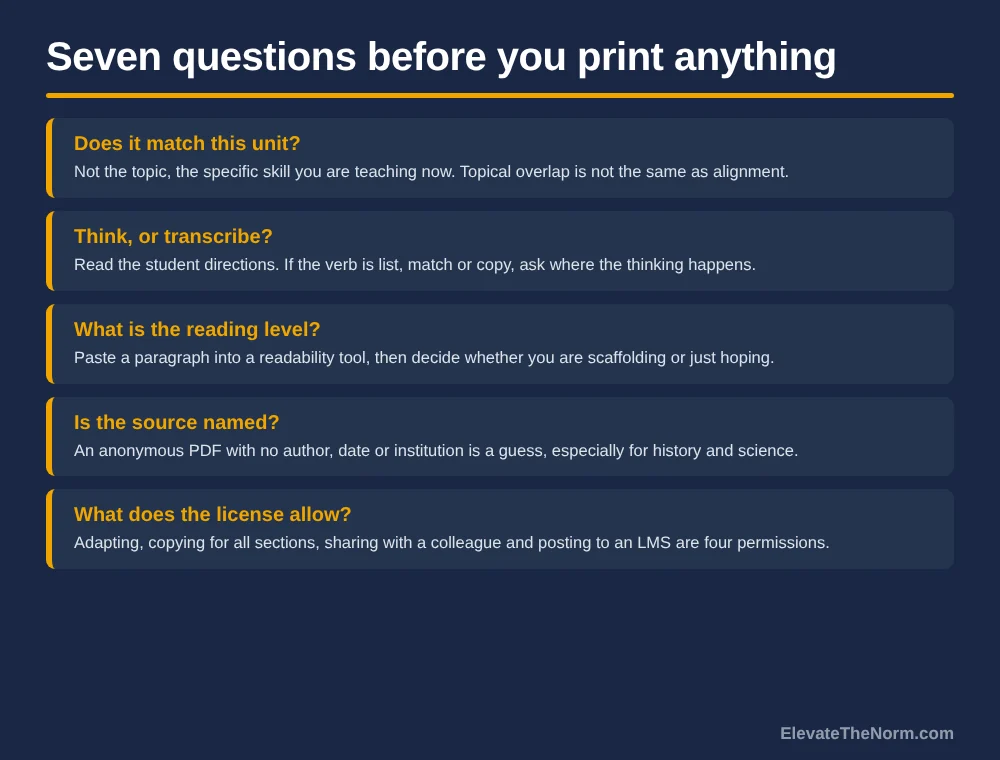 Five of the seven screening questions for evaluating a free classroom printable before copying it