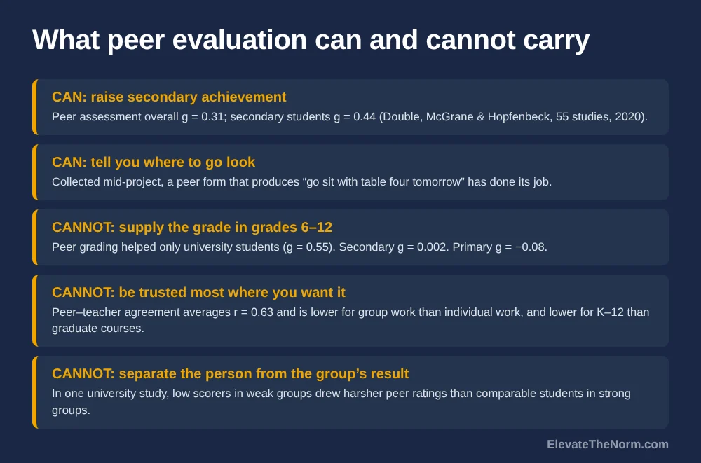 Dark blue chart contrasting two things peer evaluation can do with three it cannot, citing peer assessment effect sizes of g = 0.31 overall and g = 0.44 for secondary students against g = 0.002 for peer grading in secondary school