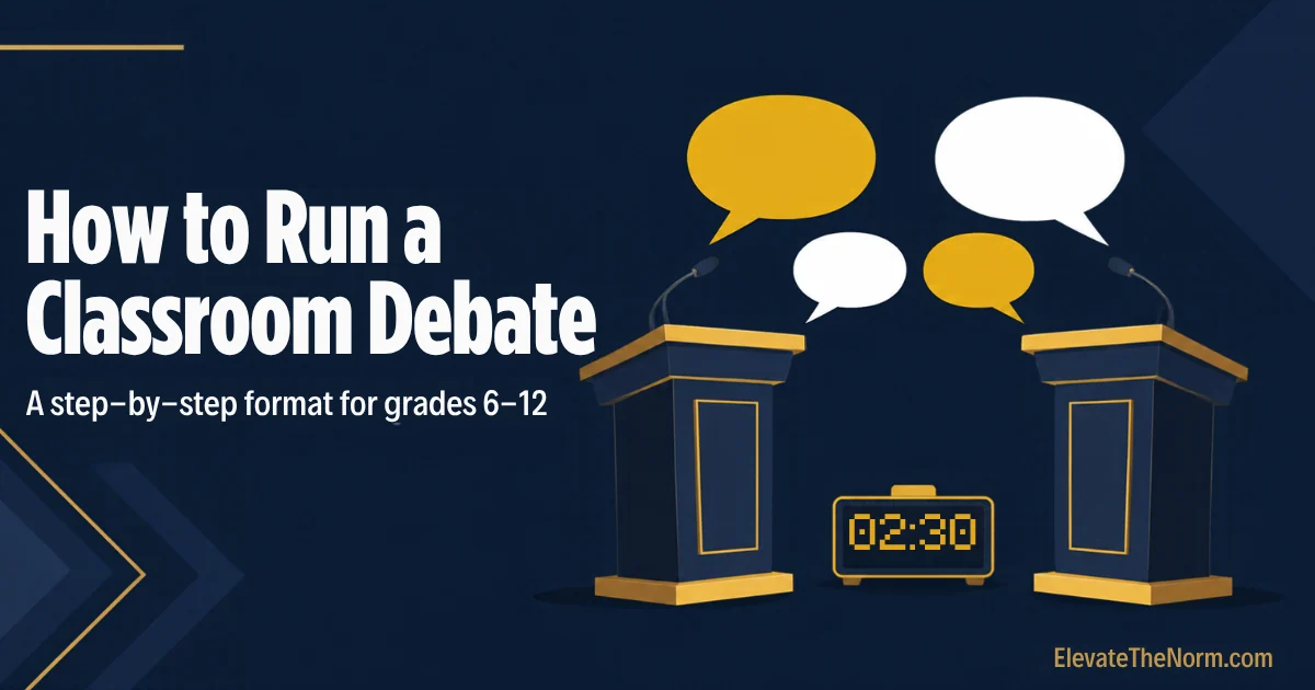 Illustration of two podiums facing each other with speech bubbles and a 2:30 timer beside the words How to Run a Classroom Debate