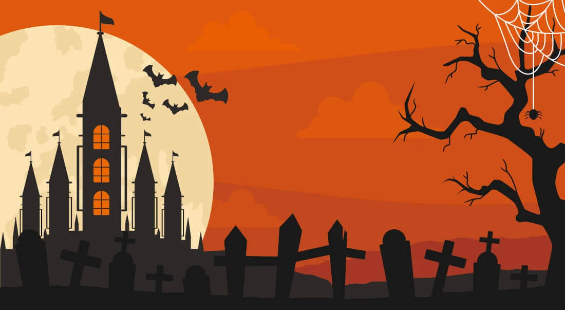 Illustration of a haunted house and graveyard under a full moon, the seasonal artwork in the Elevate the Norm newsletter signup form.