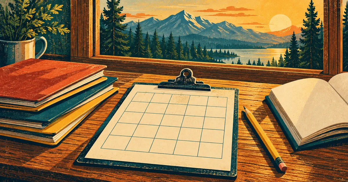 Illustration of a clipboard holding a blank grid, a pencil, a stack of folders and an open book on a wooden desk, with a sunrise over mountains through the window