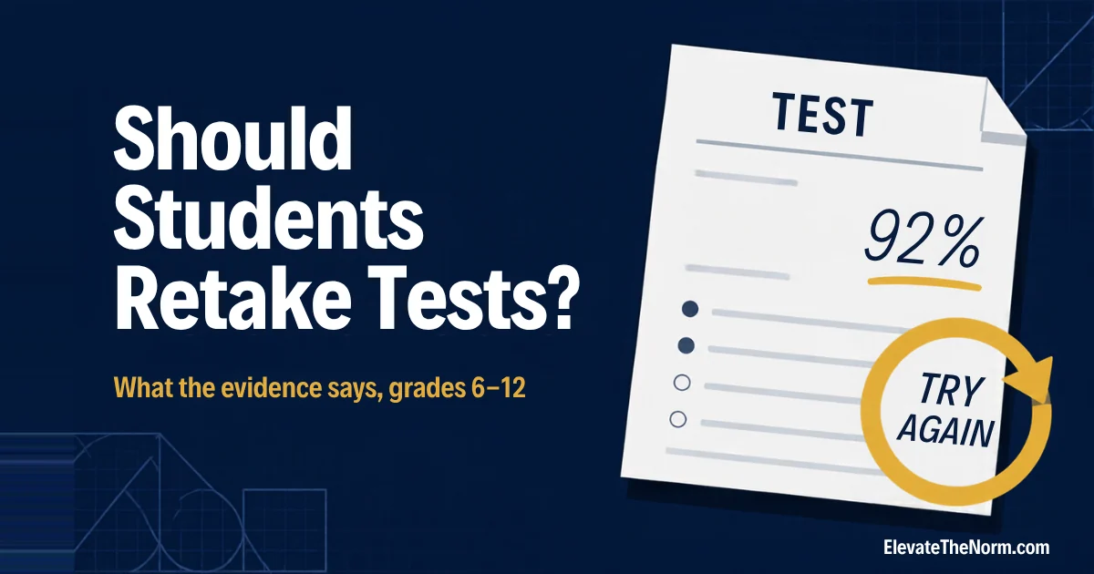 Illustration of a returned test paper showing 92 percent with a gold try again arrow beside the words Should Students Retake Tests