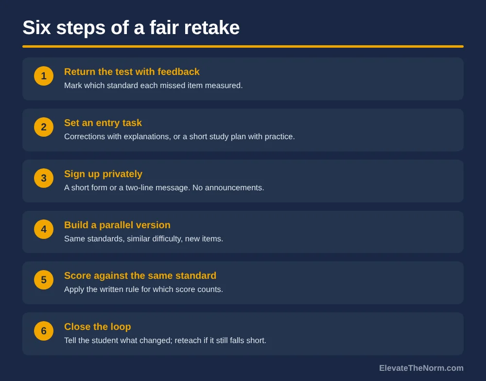 Numbered six-step graphic for a fair retake process: return the test with feedback, set an entry task, sign up privately, build a parallel version, score against the same standard, and close the loop with the student.