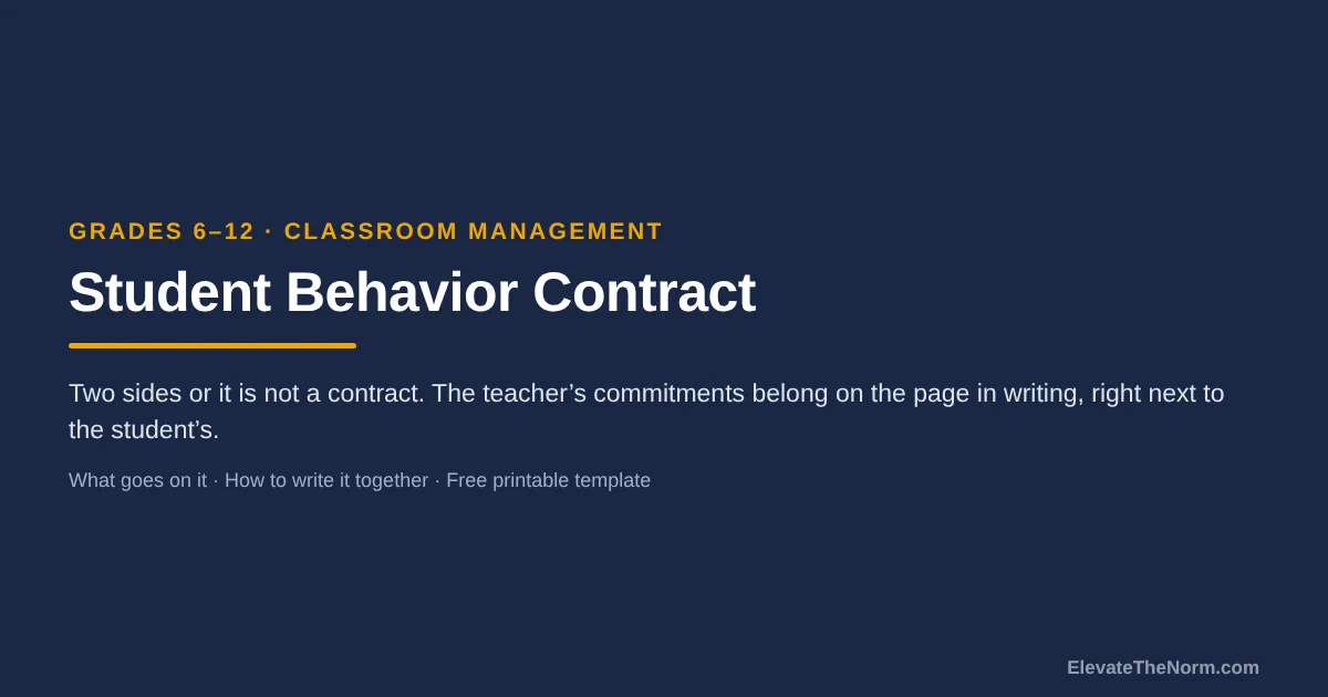 Featured graphic for a guide to writing a student behavior contract for grades 6-12, with the line that a contract has two sides and the teacher's commitments belong on the page.