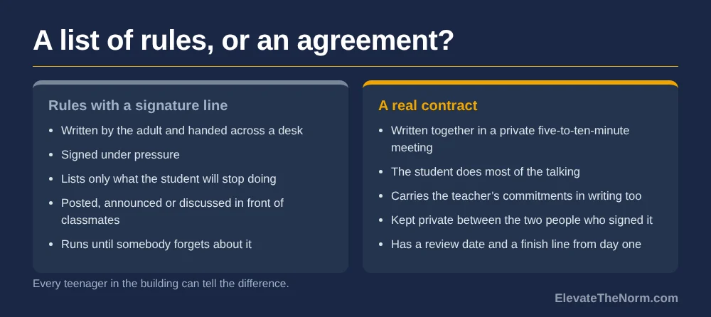 Two-column comparison of a list of rules with a signature line against a real behavior contract, covering who writes it, whether the teacher's commitments appear, privacy, and whether it has an end date.