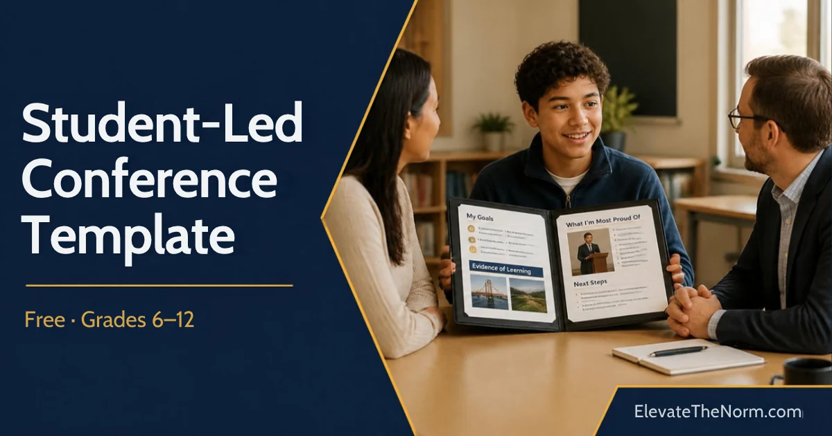 A teenage student presents an open portfolio showing goals, evidence of learning, and next steps to a parent and a teacher at a classroom table