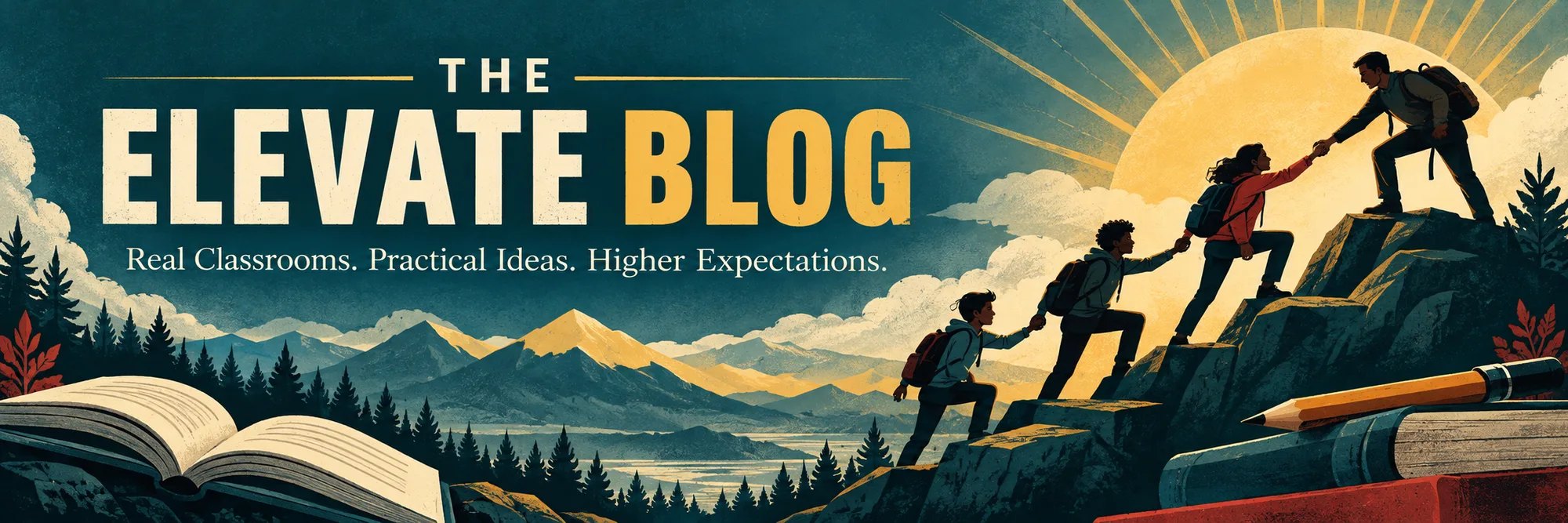 The Elevate Blog banner: Real Classrooms. Practical Ideas. Higher Expectations. Three students climb a rocky ridge at sunrise, each pulling the next one up, toward a teacher reaching down to help.