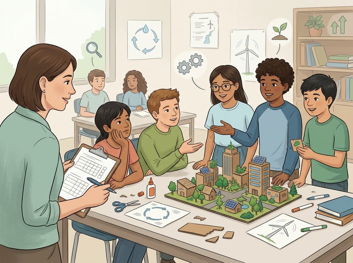 Students present a group project while a teacher observes and gives feedback.