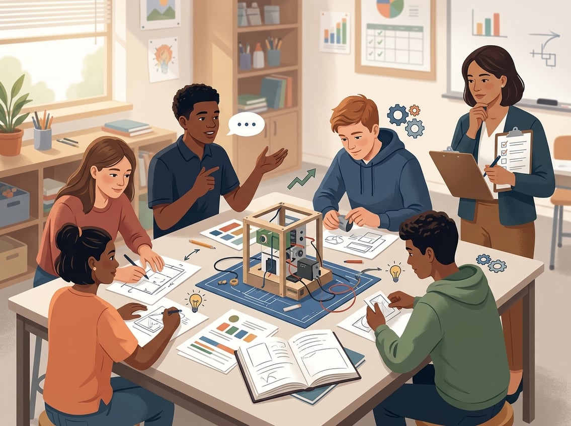 Students collaborate on a classroom project while a teacher observes and takes notes.