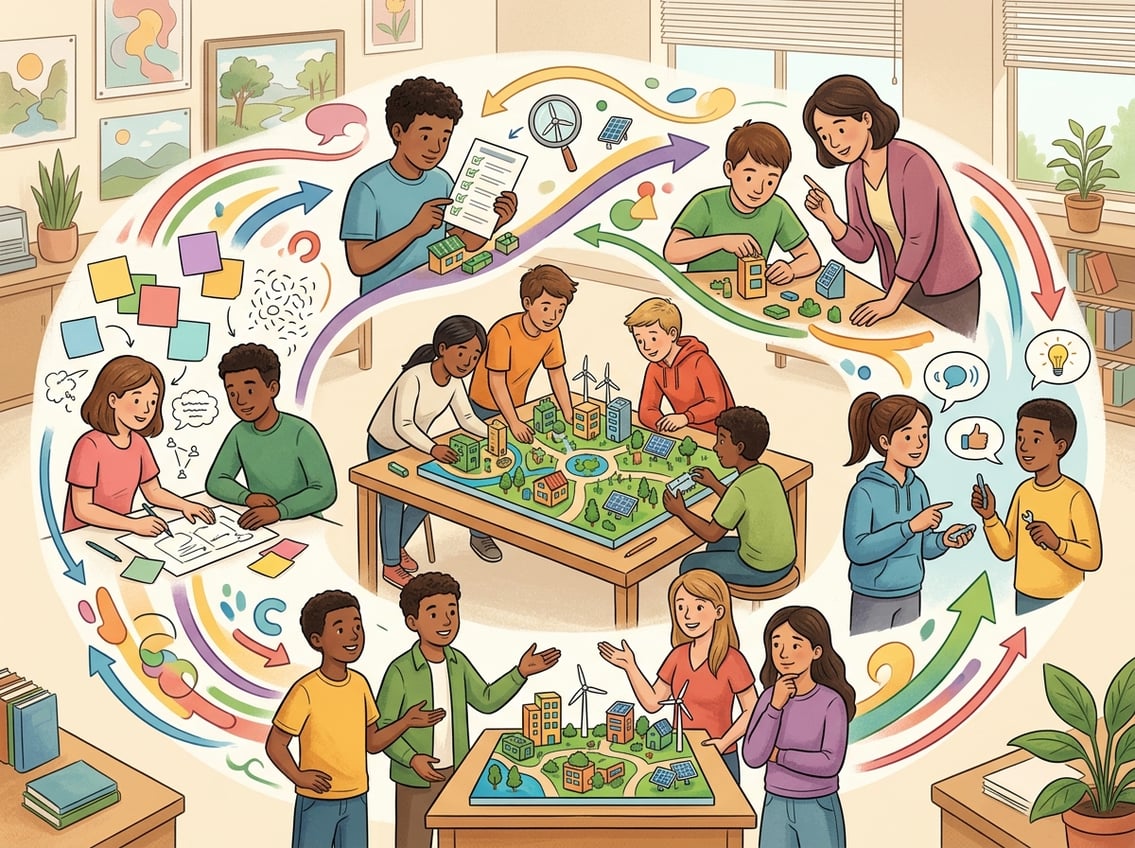 Students plan, build, review, and present a model community with guidance from their teacher.