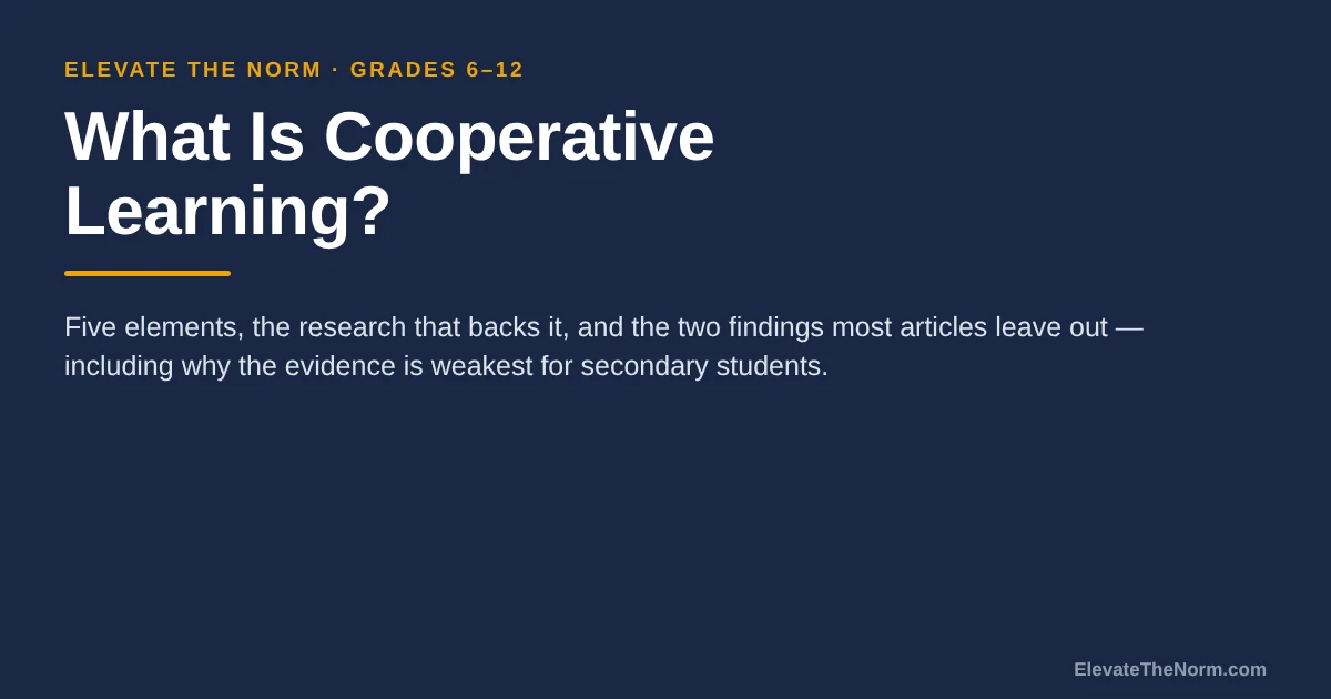Title card reading What Is Cooperative Learning, with the subtitle five elements, the research that backs it, and why the evidence is weakest for secondary students