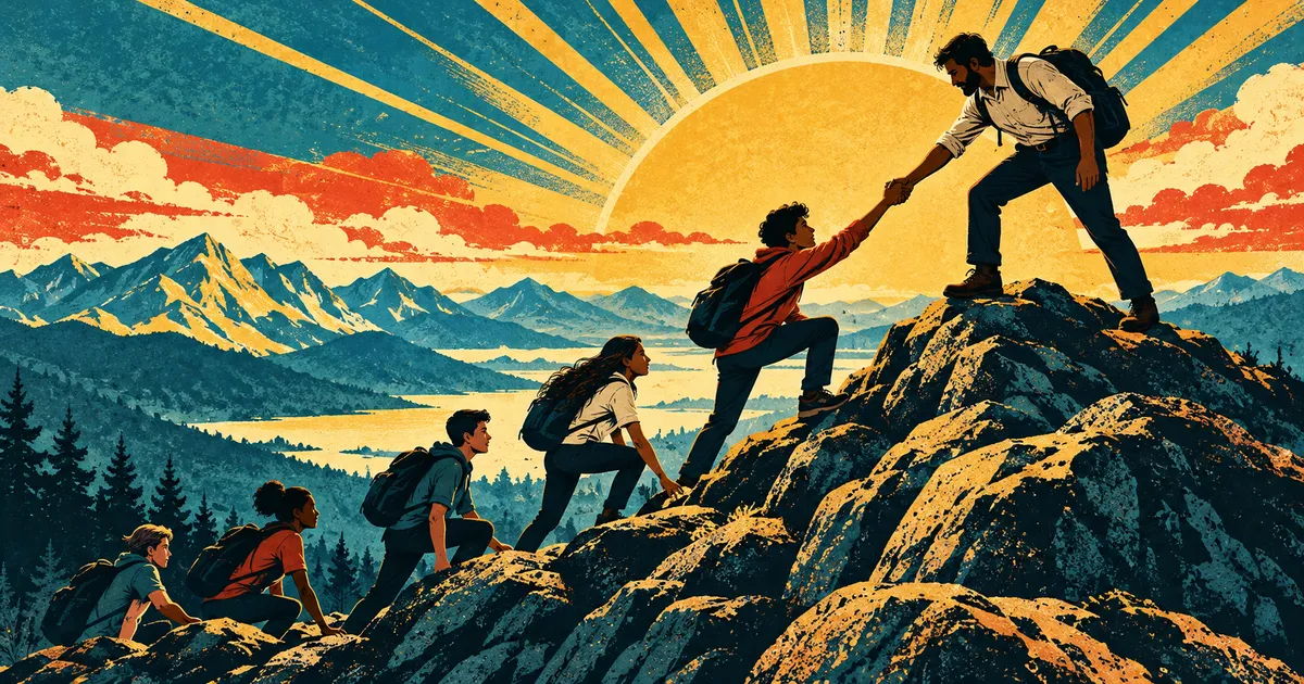 Illustration of a teacher on a rocky summit pulling a student up by the hand while more students climb the ridge behind them at sunrise
